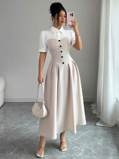 SHEIN Elenzya Elegant Commuter Professional Business Vacation White & Apricot Patchwork 2 In 1 Shirt Collar Women Long Dress