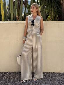 DAZY Women's Elegant Contrast Color Blue And White Stripe Sleeveless Crop Top And Wide Leg Pants,Summer Vacation Holiday 2 Pieces Outfit Lounge Sets - Khaki - View 5