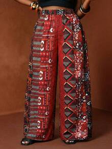 Veslaya 2025春夏新款及度假宽松大码女裤，彩色图案印花 - A - 紅色 - 查看 4