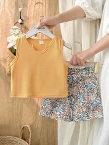 Vintaside Kids Conjunto Youngirl Verão Vermelho Tijolo Casual e Versátil com Estampa Digital Canelada, Regata Sem Mangas de Gola Redonda e Shorts Soltos com Cintura Elástica e Cinto, Ideal para Compras ao Ar Livre - Multicolorido - Ver 3