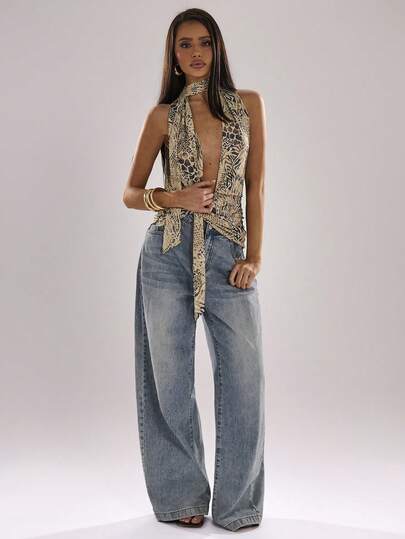 SHEIN BAE Women's Distressed Faded Leopard Print Backless Tank Top, Suitable For Beach, Music Festival, Rave Party, Dance Club, Western, Country Music Festival, Concert, Sexy Backless,Summer Outfits For Women,Festival Outfits For Women,Party Tops ,Leopard Print Top,Vacation Outfits Women,Summer Top