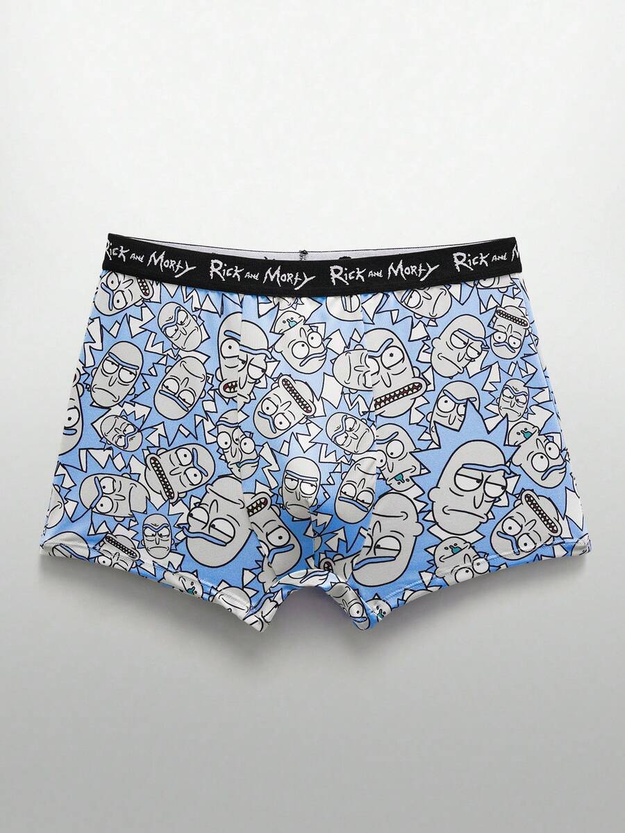 Rick and Morty X SHEIN 1 chiếc quần boxer nam in hình nhân vật hoạt hình và chữ cái, chất liệu thoải mái. - Xanh và trắng - Xem 1