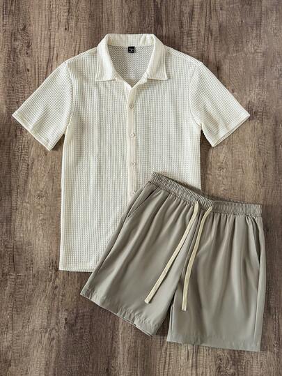 Manfinity Joysei 男士夏季网眼透气短袖衬衫和抽绳腰短裤套装，舒适服装