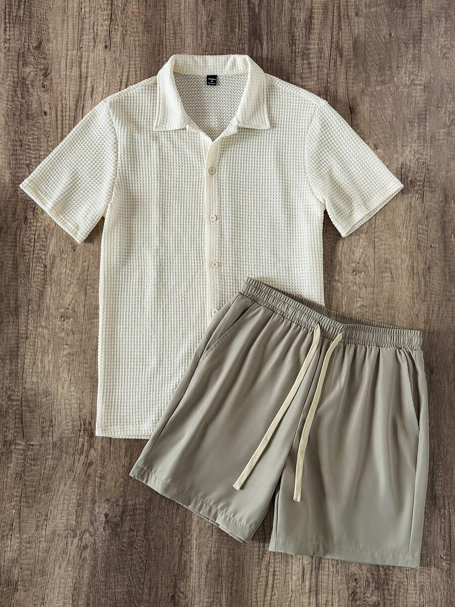 Manfinity Joysei Men's Summer Mesh Breathable Short Sleeve Shirt And Drawstring Waist Shorts Set, Cozy Outfits - Apricot - View 1