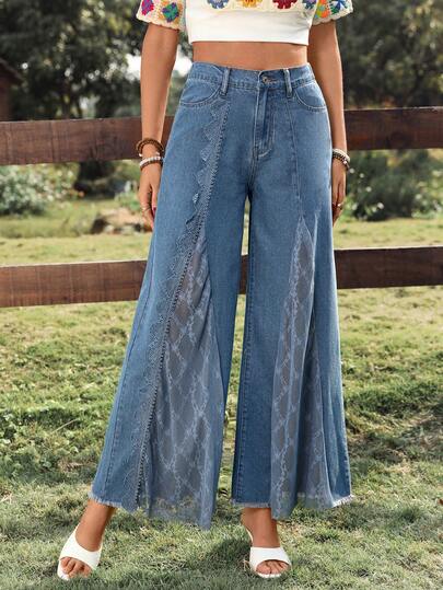 Breezaya 女士纯色蕾丝拼接斜插口袋优雅阔腿牛仔裤