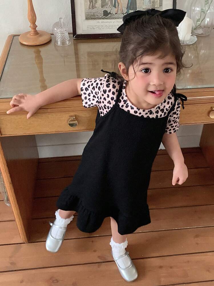 Baby Girls' Leopard Print Casual Round Neck T-Shirt & Solid Color Camisole 2-Piece Set Summer Toddler Girls Clothes