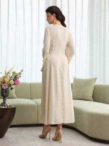 Yasmyna Women's Brown Woven Jacquard Long Sleeve Embroidered Tie-Waist A-Line Fringe Pendant Elegant Romantic Turkish & Arabic Traditional Maxi Dress, Spring/Summer - Apricot - View 2