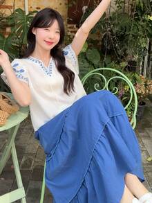 DAZY 女士V领韩版度假衬衫半裙两件套 - 藍白色 - 查看 3