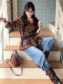 DAZY Women's Turndown Collar Plaid Korean Style Ruffle Trim Long Sleeve Fresh Blouse - Coffee Brown - View 4