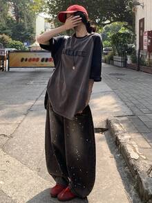 DAZY 女士圆领撞色宽松T恤，街头风图案T恤 - 灰色 - 查看 9