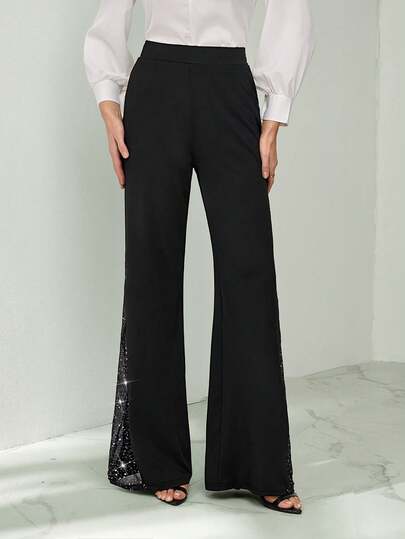 SHEIN Tall Ladies Elegant Mesh & Glitter Splice Black Slim Straight Leg Pants, Fit For Commuting, Casual And Daily Wear, Spring/Summer