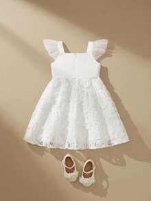 SHEIN Young Girl Floral Decor Mesh Patchwork Fashionable Elegant Party & Daily Wear Dress - White - View 6