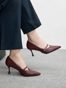 CUCCOO BIZCHIC Burgundy New Pointed Thin Heel Metal Buckle Commuting Elegant Commuting Workplace Wear Temperament High Heels - Burgundy - View 4