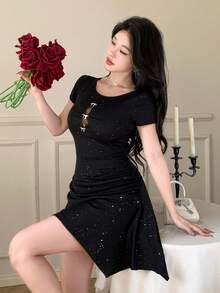 K-Vae Hollow-Out Cinched Waist New Stylish Dress - Black - View 6