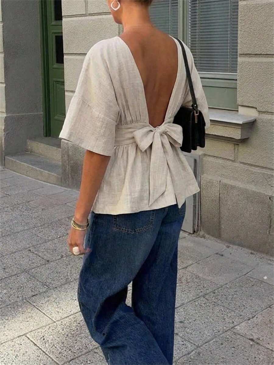 Aloruh 女士优雅圆领露背蝴蝶结装饰修身衬衫，米色