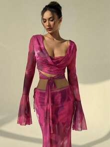 Aloruh 2pcs Women Tie-Dye Print Twist Front Long Sleeve Top And Skirt Set - Hot Pink - View 6