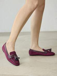 MOTF CLASSIC TASSEL LOAFERS SLIP-ON CASUAL SHOES, SQUARE TOE FLAT SHOES FOR WOMEN, SUITABLE FOR AUTUMN/WINTER - Burgundy - View 7