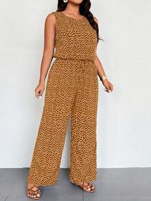 Breezaya Spring Summer Holiday Round Neck Sleeveless Elasticated Waist Ditsy Floral Jumpsuit - Brown - View 4