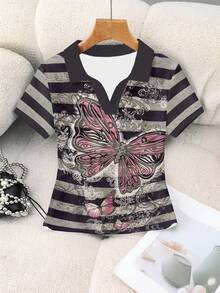 Rovax 女士蝴蝶条纹印花休闲短袖上衣，夏季 - 灰色 - 查看 4