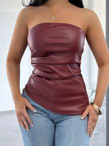 Vassilux Top Cropped de Couro PU Sem Manga de Cor Sólida, Usado Casual Minimalista de Moda para Uso Diário - Vinho - Visão 3