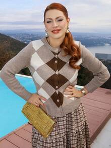 Gretanique 女式休闲学院风菱形格拼接长袖纽扣开衫，秋季 - 彩色 - 查看 4