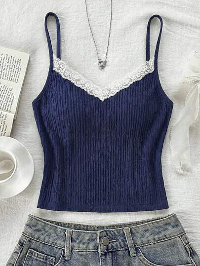 SHEIN Tween Girls Lace Ballet Style Textured Knit Contrast Lace Color Block Camisole Tops, Tween Girls Lace Ballet Style Camisole Tank Tops, Navy Blue & White Girls Cami Lace Cami Teen Girl Clothes Top Bralettes For Girls Tops For Teen Girls Cute Cute Cami Tops Tops Cute