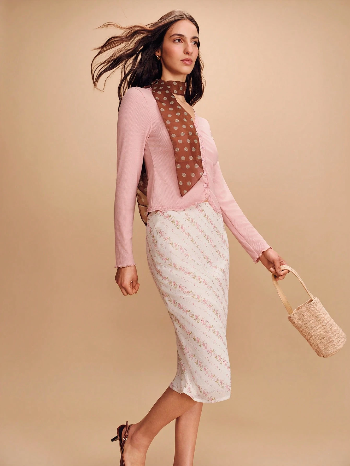 Flowy High-Waisted Midi Skirt With Pink Floral Stripe Pattern Office Business Casual Skirt Spring Summer French Style Parisian Style Spring Satin Skirt