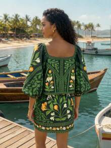 CAJUNI Women's Floral Print Tie Front Long Sleeve Top And Mini Skirt Casual Outfit - Green - View 2