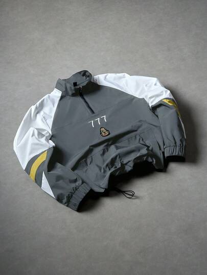 Aesthetic Post Men's Casual Jacket, Color Block Jacket With Half Zip Collar, Featuring Numeral & Graphic Design, Drawstring Hem For Adjustable Fit, Suitable For Daily Wear, Outings, Sports, School, Parties, Music Festivals, Casual Occasions. Can Be Given As A Gift To Friends Or Boyfriends, Color Block Jacket