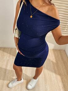 SHEIN 夏季孕妇时尚不对称领亮面修身连衣裙 - 寶藍色 - 查看 6