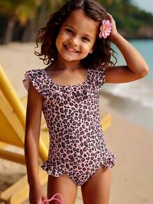 SHEIN Nuevo traje de baño de una pieza con estampado de leopardo de cobertura completa para niñas de moda - Rosa Pálido - Ver 3