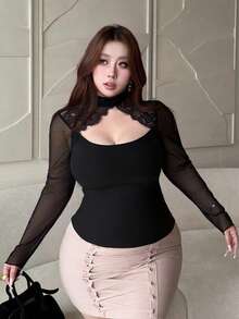 Dazy Plus 撞色蕾丝网眼镂空紧身性感极简黑色长袖T恤 - 黑色 - 查看 7