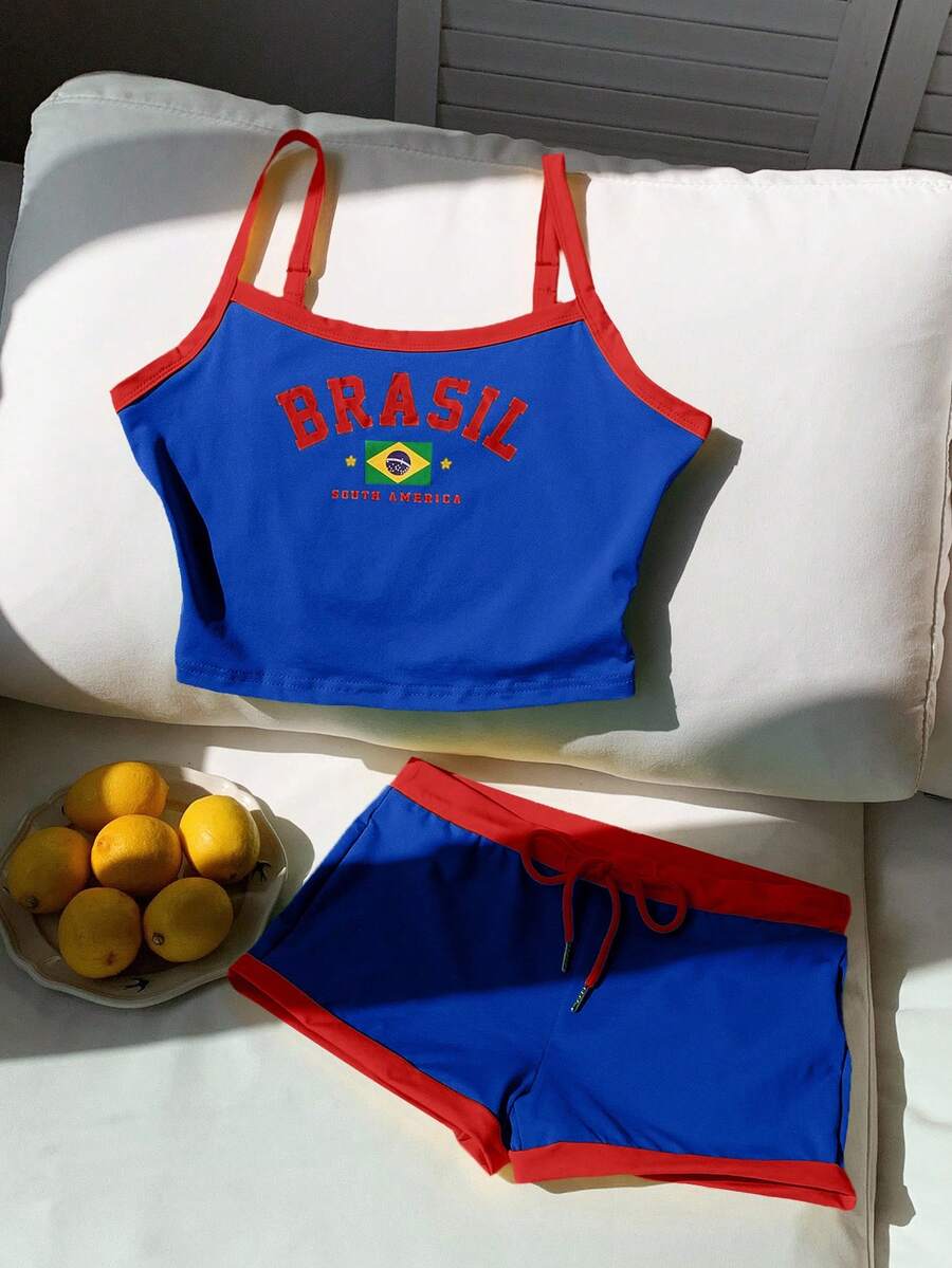 Comfortcana Set Atasan Tanpa Lengan dan Celana Pendek Super Pendek Warna Bendera Brasil - MultiWarna - View 1