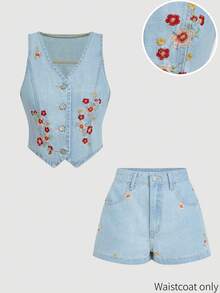 SHEIN MOD Women's Floral Embroidered Single-Breasted Casual Denim Vest Jacket - Blue - View 3