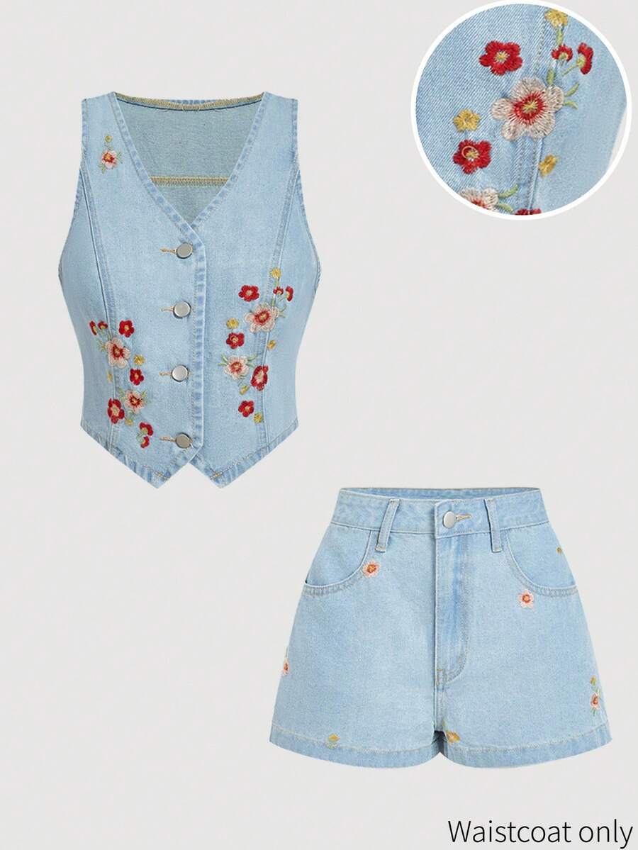SHEIN MOD 女士花卉刺绣单排扣休闲牛仔背心外套 - 藍色 - 查看 1