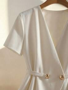 GlowEve Women's V-Neck Double-Breasted Metal Button Waist Tie Waist Thin Jacket - Apricot - View 3