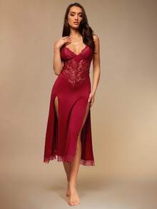 Silquee Váy ngủ maxi hở vai ren chắp vá gợi cảm cho nữ - Màu Đỏ Sâu - Xem 4