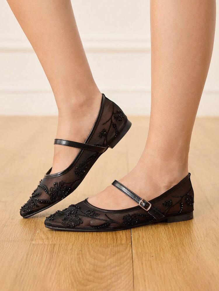 CUCCOO HITCHD Women's Elegant Commuter Flats With Flower Embroidery, Net Mesh And Pearl Decor Elegant Shoes Wedding Shoes Summer Shoes Bride Shoes