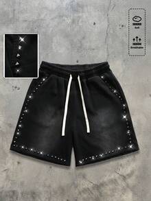 ROMWE MEN Men's Summer Street Acid Wash Rivet Detail Drawstring Waist Shorts - Black - View 8