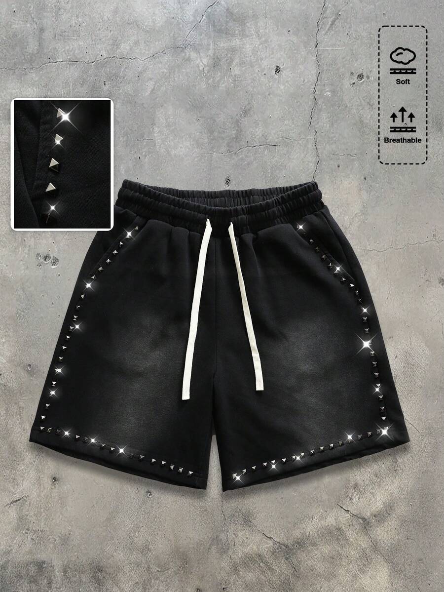 ROMWE MEN Men's Summer Street Acid Wash Rivet Detail Drawstring Waist Shorts - Black - View 1
