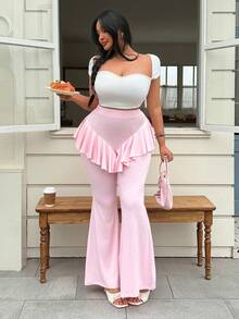 Celure Plus Size Ruffle Waist Solid Color Flare Leg Long Pants - Baby Pink - View 4