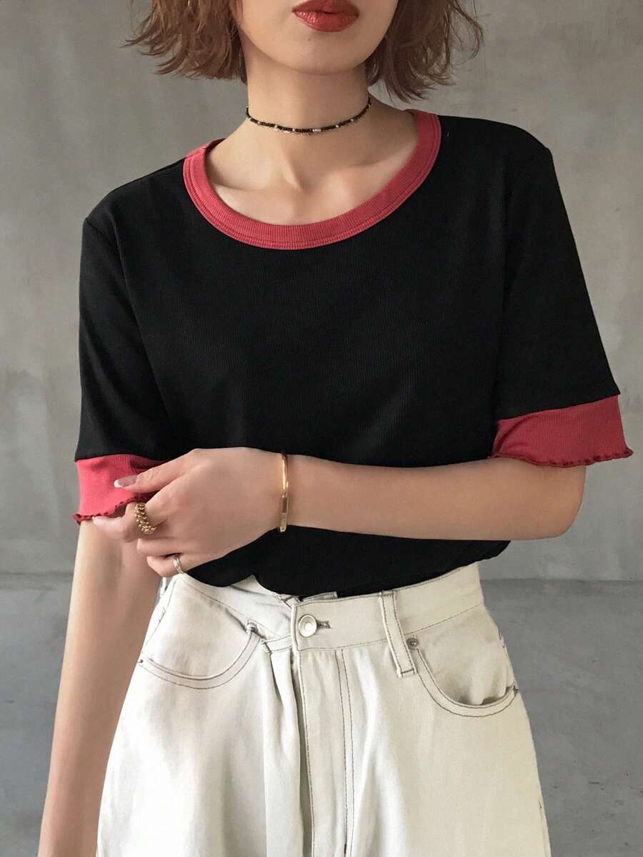 FRIFUL 女士春夏短袖撞色罗纹圆领休闲宽松百搭T恤 - 黑色 - 查看 1