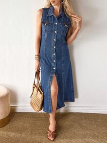 SHEIN Essnce Vestido de mezclilla de verano para mujer con botones frontales y sin mangas de unicolor - Azul - Ver 7