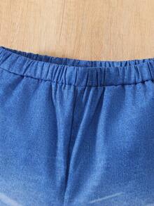 SHEIN ChillGRL Teen Girl Denim Effect Ripped Leopard Print & Cartoon Character Print Pants - Medium Wash - View 5