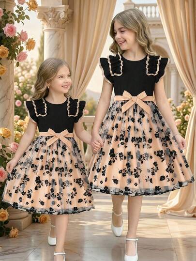 Tween Girls' Summer Elegant Contrast Trim Mesh Ruffle Hem Dress Kids Dresses Girls Dresses Elegant Kids Dress Flower Print Dress Kids Elegant Sleeveless Black And Nude Mesh Floral Print Short Dress With Round Neck Ruffle Details For Everyday CasualWear