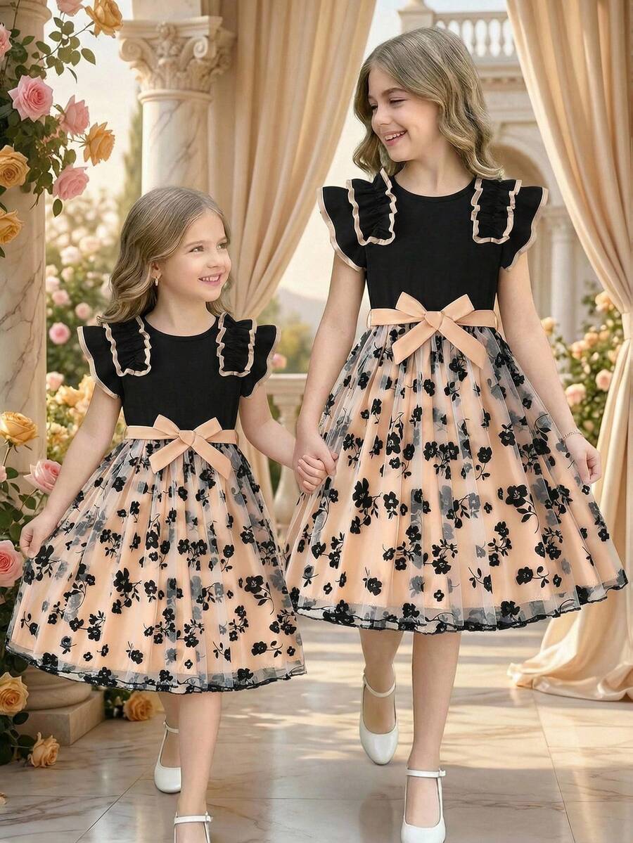 Tween Girls' Summer Cute Flower Girl Elegant Black Mesh Floral Print Dress,Sleeveless Round Neck Contrast Trim Ruffle Hem Kids Casual Dresses