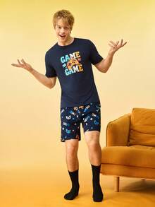 Notgurli Men's Letter & Game Console Print Short Sleeve Top And Shorts Pajama Set - Multicolor - View 4