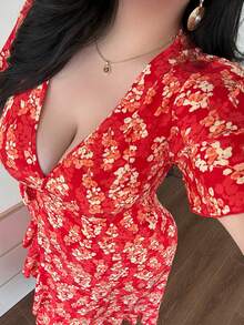 Vibekara 大码新款夏季V领印花高腰系带度假风连衣裙（女款） - 紅色 - 查看 5