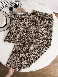 SHEIN 2pcs/Set Tweeb Girl Ditsy Floral Sleeveless Top & Loose Casual Pants Set Kids Leopard Outfit Leopard Print Two Piece Set Girls Leopard Outfit - Apricot - View 2