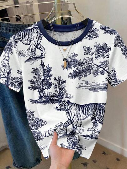 SHEIN LUNE Camiseta holgada de mujer con cuello redondo, estampado minimalista casual de siluetas florales y animales